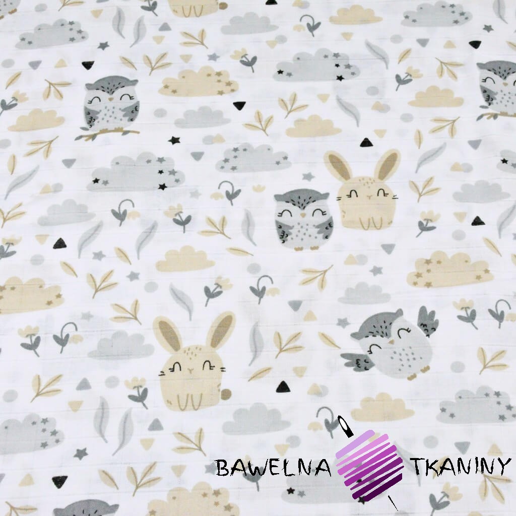 Muslin cloth owls with beige-gray bunnies on white background