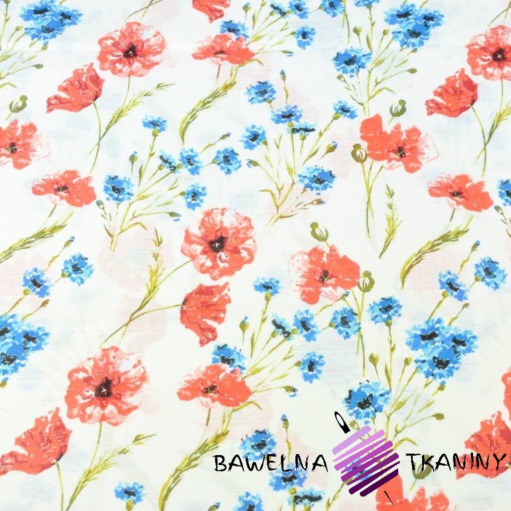 Muslin cloth poppies and cornflowers on white background