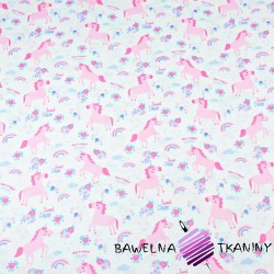 Cotton MINI pink unicorns with flowers on a white background
