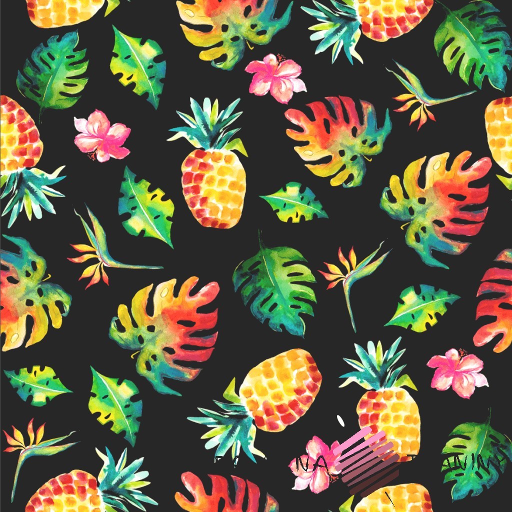Cotton Jersey digital print -leaves and pineapple on black background
