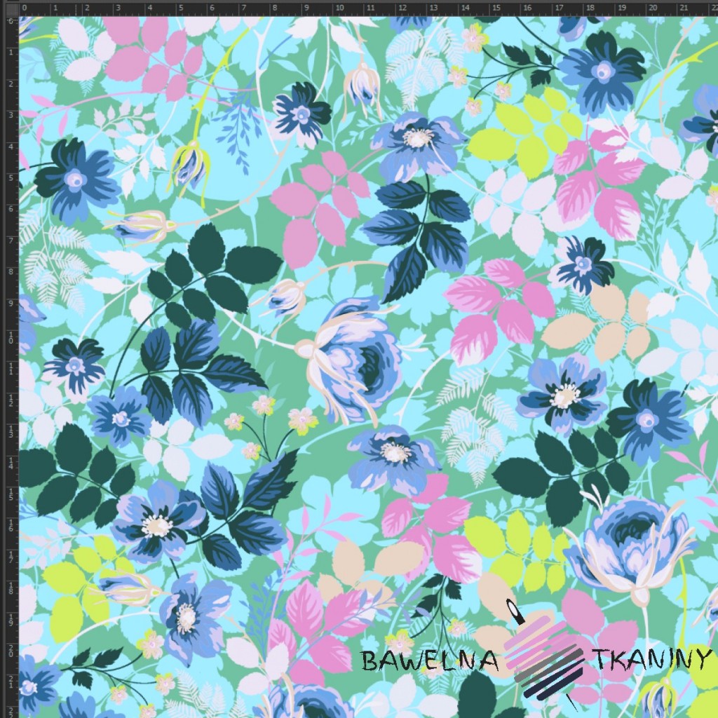 space classical World wide Dzianina dresówka pętelka druk cyfrowy kwiaty i liście (zielone tło) |  Sklep z tkaninami