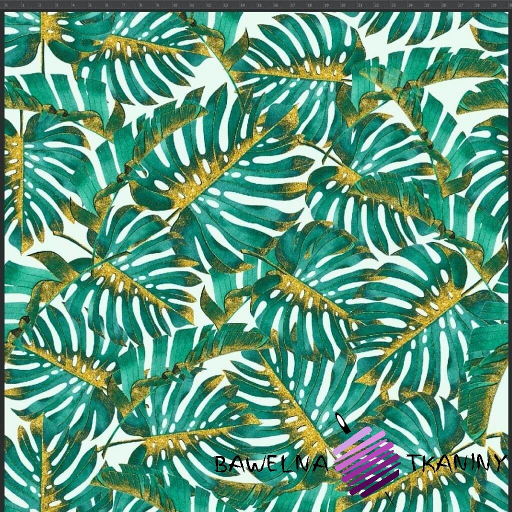 Cotton Jersey digital print Monstera green-gold leaves on a white background