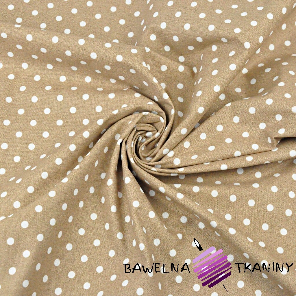 Cotton 7mm white polka dots on a light brown background