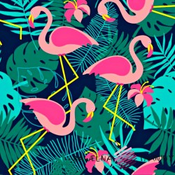 wodoodporna tkanina różowe flamingi na granatowo zielonym tle