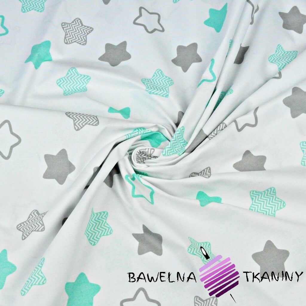 Cotton mint & gray gingerbread stars on white background