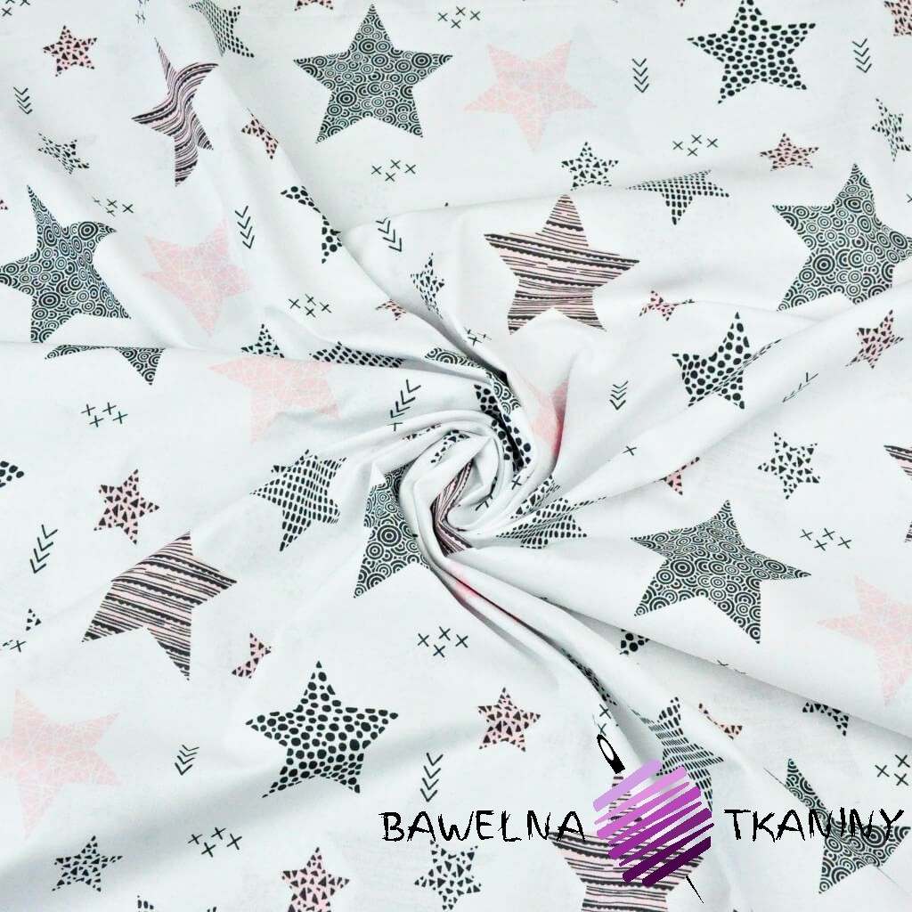 Cotton pink & gray patterned stars on white background