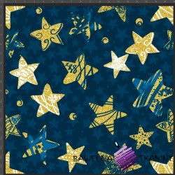Cotton Jersey knit digital printing of gilded stars on a navy blue background