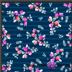 Cotton Jersey knit digital printing of pink flowers on navy blue stripes