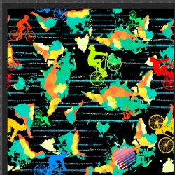 Cotton Jersey knit digital printing of colorful bikers on black