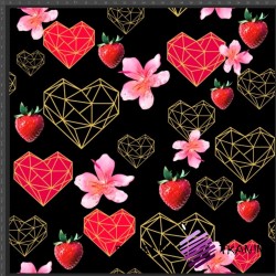 Cotton Jersey knit digital printing of the heart, strawberry and geometric on a black background