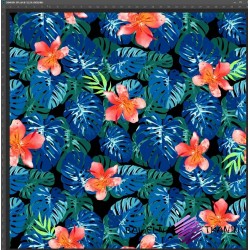 Cotton Jersey knit digital printing flowers on blue-green monstera leaves