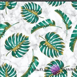 Cotton Jersey digital print Monstera green-gold leaves on a white marble background