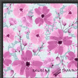 Cotton Jersey knit digital printing of pink poppy flowers on a gray background