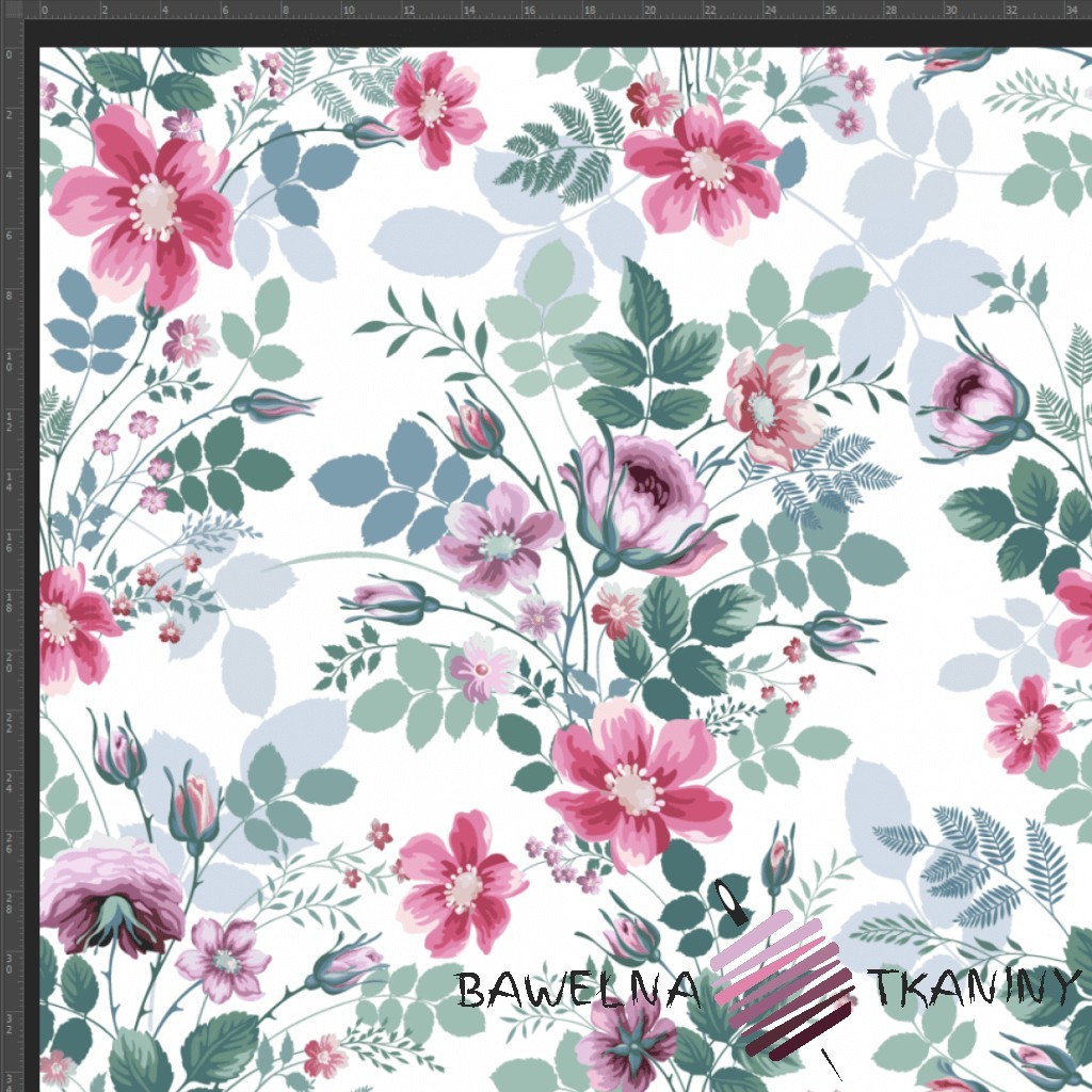 Cotton Jersey knit digital printing of flower bouquets pink green on a white background