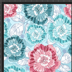 Cotton Jersey knit digital printing of mint red anemone flowers on a blue background