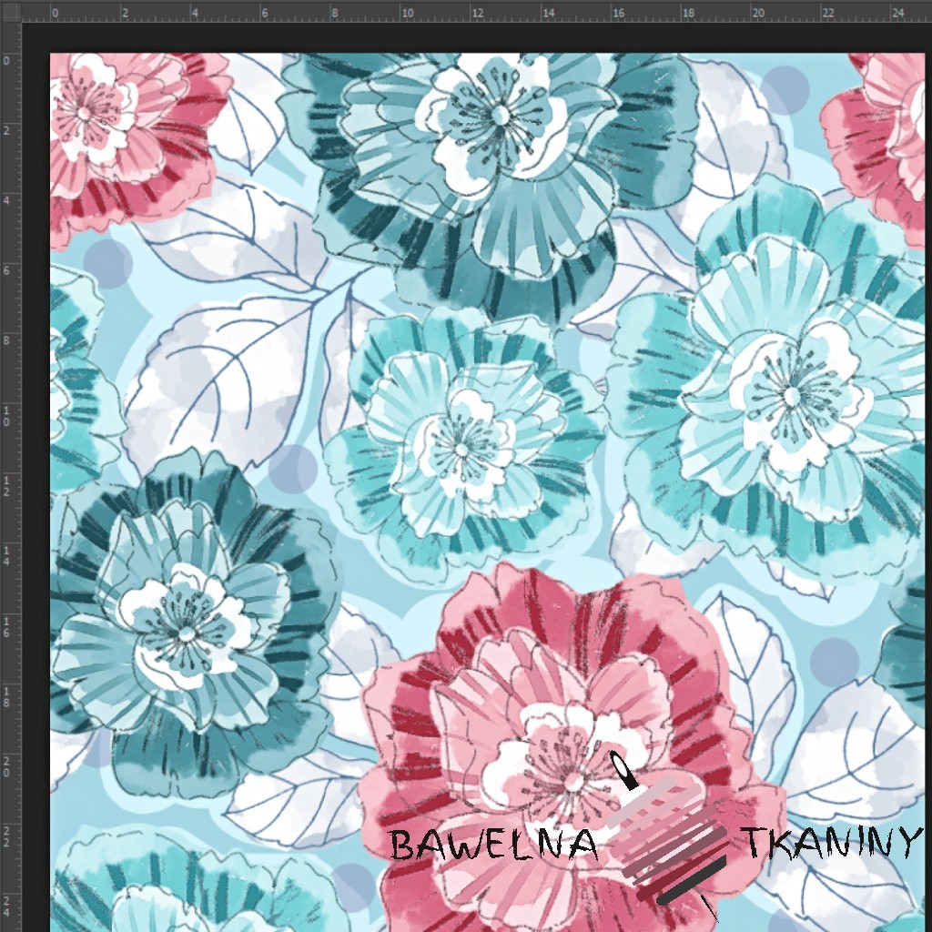 Cotton Jersey knit digital printing of mint red anemone flowers on a blue background