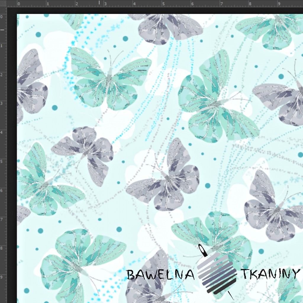 Interlock knitwear digital print - gray and mint butterflies on a mint background