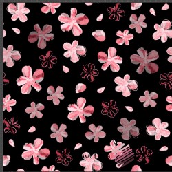 Dzianina Interlock druk cyfrowy - różowe kwiatki na czarnym tle
