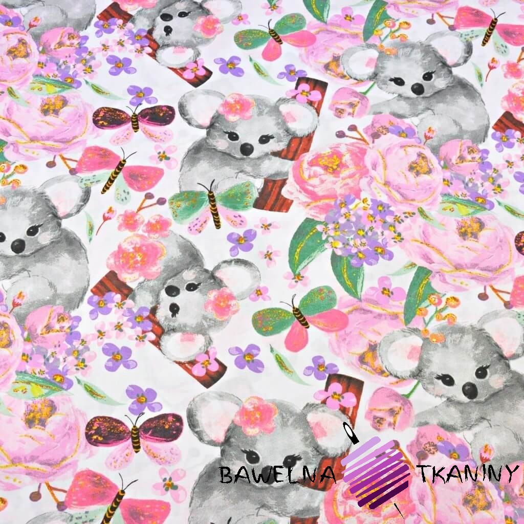 Cotton koala bears with butterflies on a white background