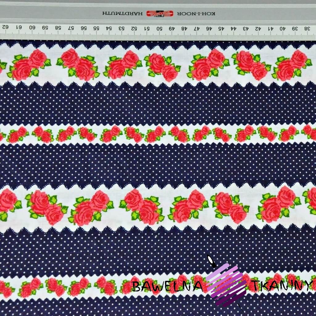 Cotton red roses in navy blue stripes -220cm