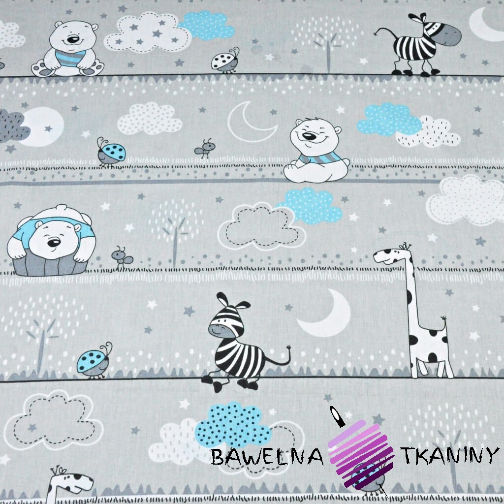 Cotton Teddy bears and turquoise giraffes in stripes on a gray background
