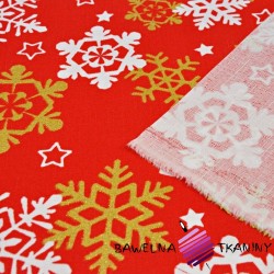 Tkanina dekoracyjna biało złote śnieżynki na czerwonym tle