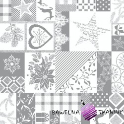 Decorative fabric, white and gray, silver-plated Christmas patchwork