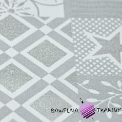 Tkanina dekoracyjna biało szary posrebrzany świąteczny patchwork