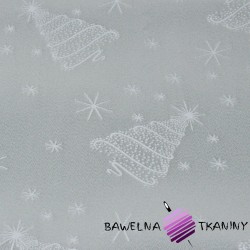 Decorative fabric, double-sided metallized thread - silver Christmas trees on a white background