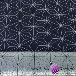 Tkanina dekoracyjna dwustronna metalizowana przędza - geometryczny wzór srebrny na granatowym tle