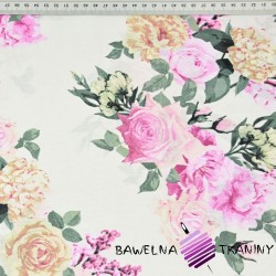 Cotton big bouquets roses on ecru background