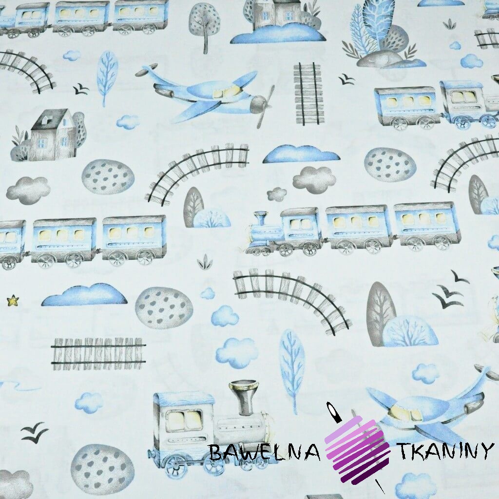 Kolejka i samolot niebiesko szare rysowane na białym tle