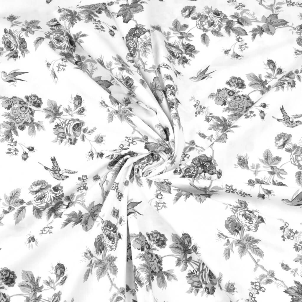 Cotton gray flowers with birds on white