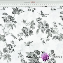 Cotton gray flowers with birds on white