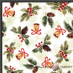 Cotton Jersey knit digital printing of Christmas holly with bells