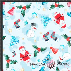 Cotton Jersey knit digital printing of Christmas Santa's & snowman on blue background