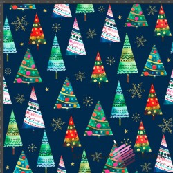 Cotton Jersey knit digital printing of Christmas threes on navy background