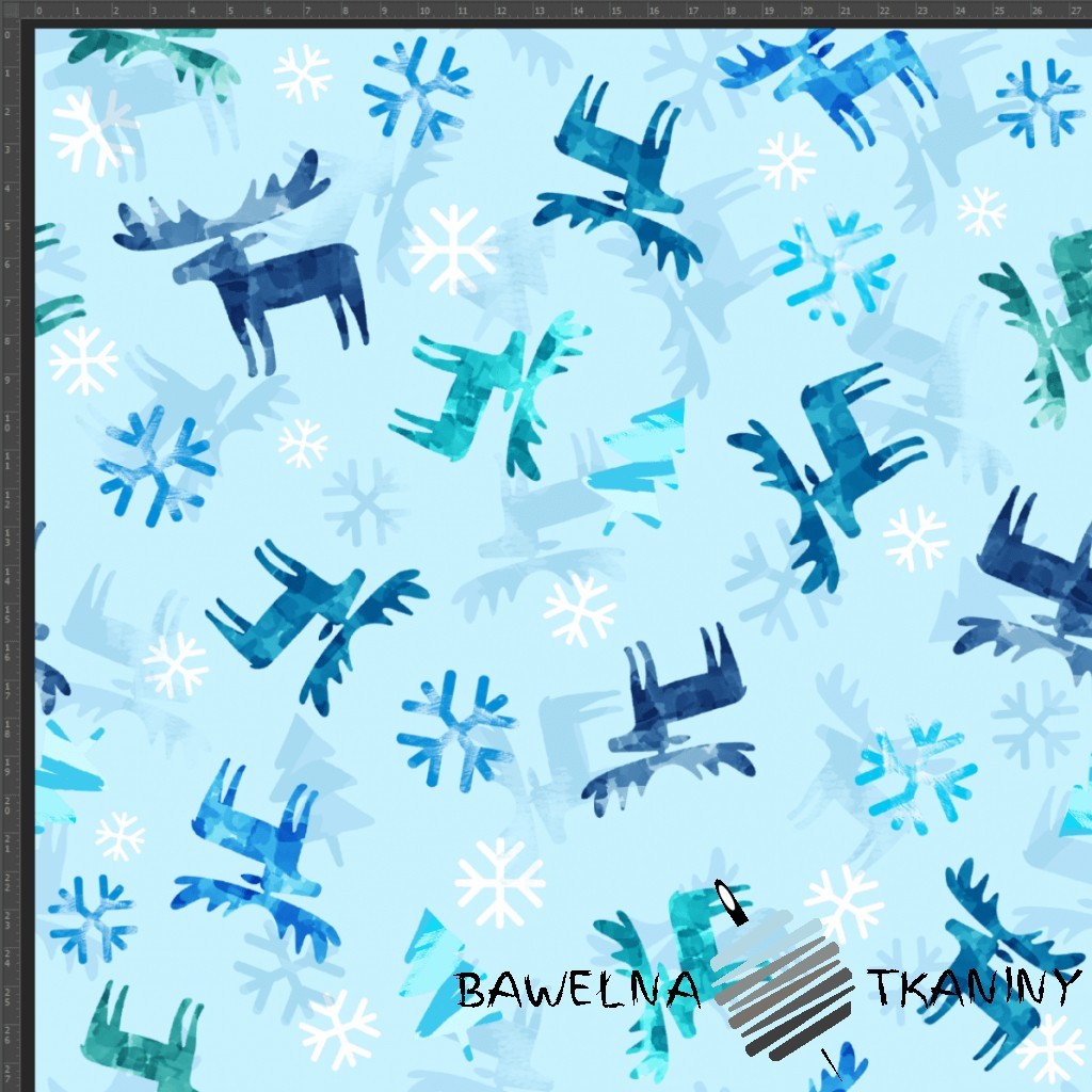 Dzianina Jersey druk cyfrowy świąteczne renifery ze śnieżynkami na błękitnym