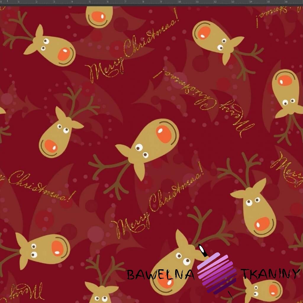Cotton Jersey knit digital printing of Christmas reindeer on a burgundy background