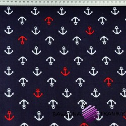 Cotton white&red anchors on navy blue background