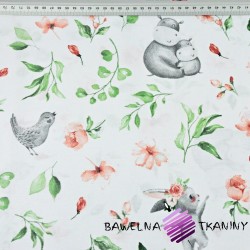 Cotton Hippos with birds in the meadow on a white background