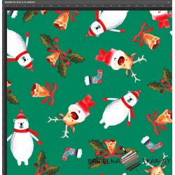Cotton Jersey knit digital printing of Christmas teddy bears and reindeers on a green background