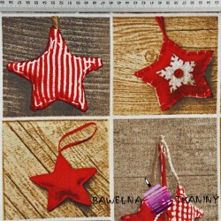 Patchwork Christmas pattern with red stars on wooden board