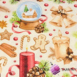 Cotton Christmas pattern decorations beige and red on an ecru background
