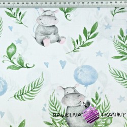 Cotton hippos with blue balloons on white background