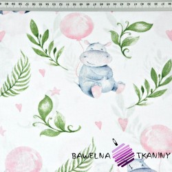 Cotton hippos with pink balloons on white background