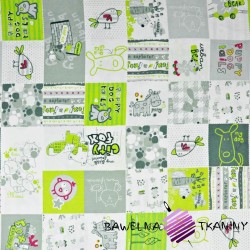 Bawełna patchwork zwierzęta zielono szare na białym