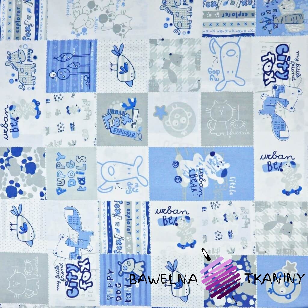 Bawełna patchwork zwierzęta niebiesko szare na białym