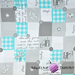 Cotton patchwork gray-turquoise animals on white background