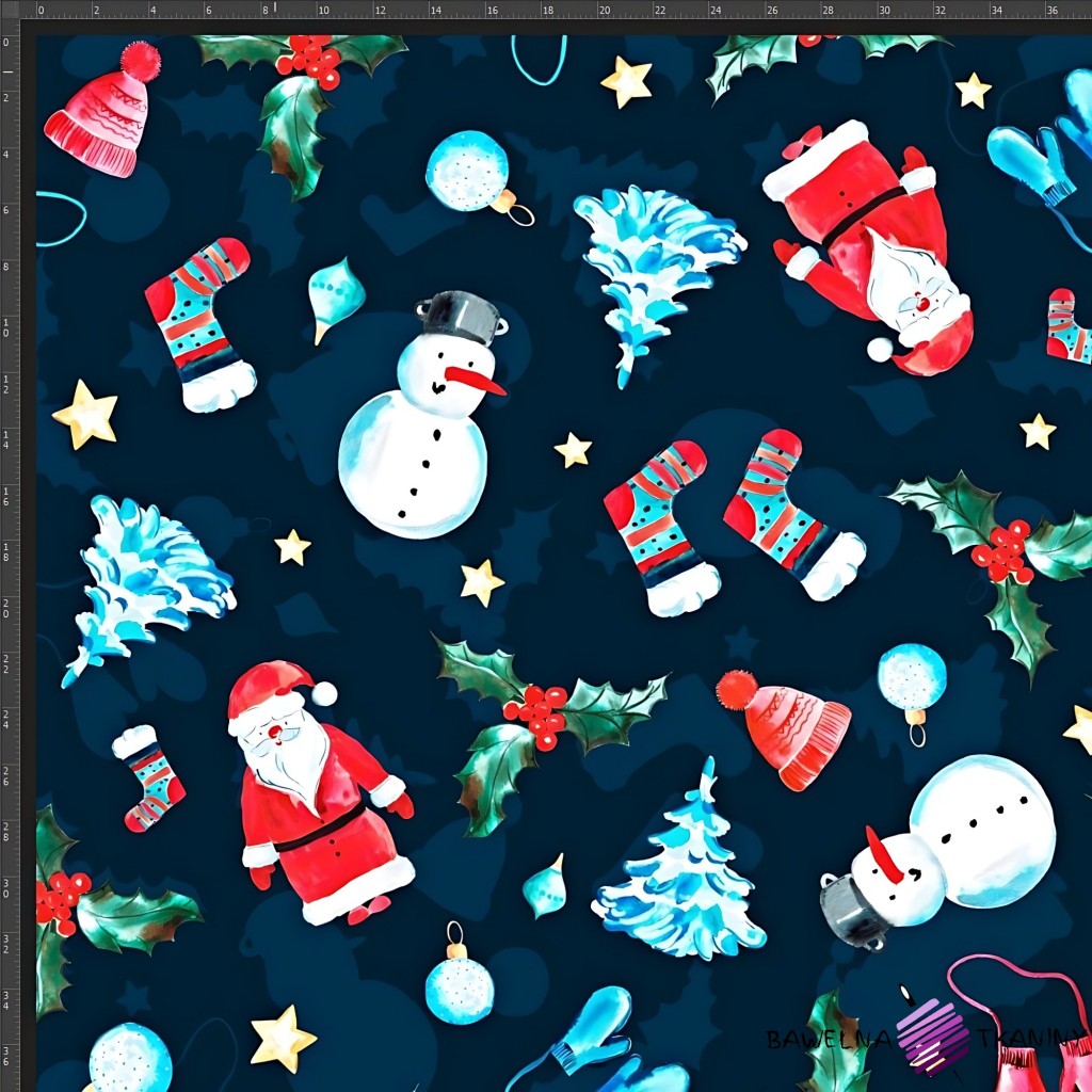 Cotton Jersey knit digital printing of Christmas Santa's & snowman on navy background